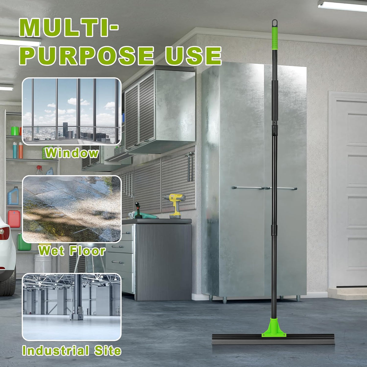 Rubber Floor Squeegee with 24” Heavy Duty Silicone Rubber Scraper Head and 60” Long Adjustable Handle, Shower Squeegees for Concrete Floor, on Multi-Surface Tile Glass Pool Garage Cleaning