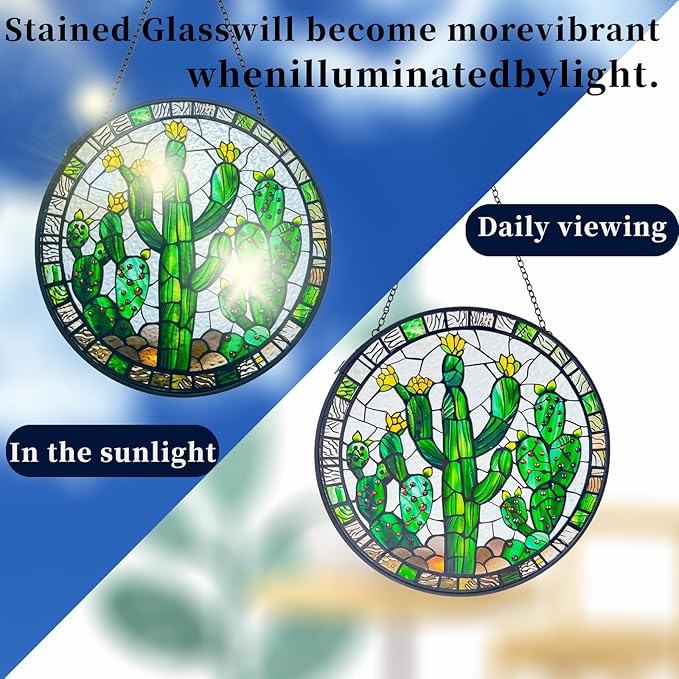 Cactus Decor Suncatcher Indoor/Outdoor Stained Glass Window Hanging - Handmade Stained Glass Suncatchers for Windows Hanging - Outdoor Garden Decor Gift for Women Christmas Thanksgiving Gifts