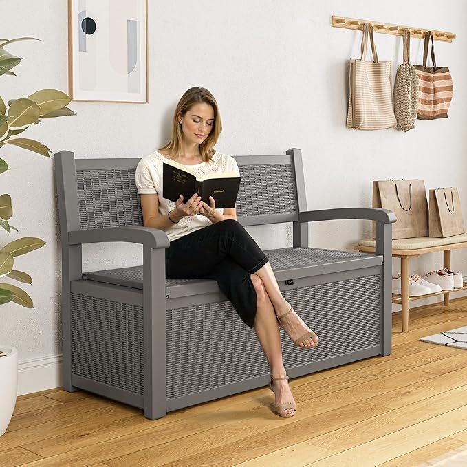 80 Gallon Outdoor Storage Box, Resin Patio Furniture with Armrest, Lockable Deck Box with Waterproof and UV Resistant for Patio Cushions, Garden Tools and Pool Supplies, Grey