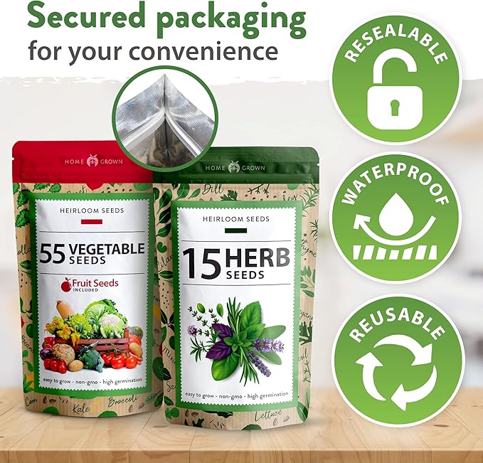 Home Grown 32,000+ Heirloom Seeds for Planting Vegetables and Herbs Bundle: 70 Unique Varieties - 100% Non-GMO Survival Seeds for Planting Indoor or Outdoors