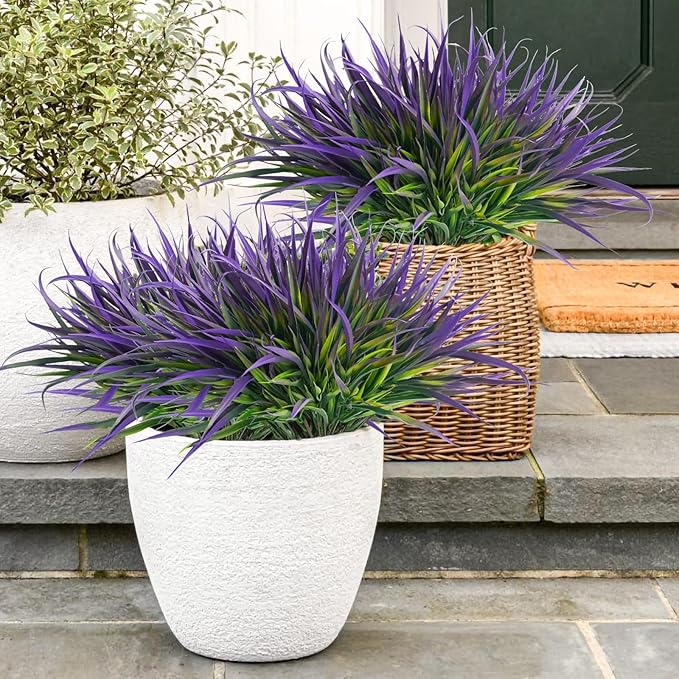 Uieke 28 Bundles Artificial Outdoor Plants UV Resistant Fake Grass Plants Faux Plastic Plants Greenery Shrubs for Home Garden Pathway Window Box Front Porch Cemetery Spring Summer Decor, Purple