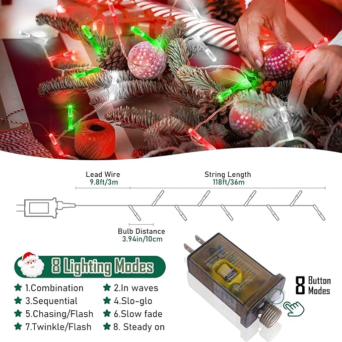 Heceltt 360 LED 118 FT Christmas Lights Outdoor, 8 Modes Christmas Lights Plug in, IP44 Waterproof Led Christmas Lights with Timer and Memory for Xmas Yard Garden Decorations (Red Green and White)