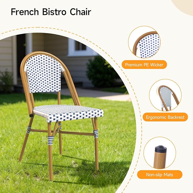 3 Piece French Wicker Bistro Set, Patio Bistro Set with Table and 2 Dining Chairs, All Weather ‎Outdoor ‎Bistro Set with Aluminum Frame, Outdoor Patio Set for Patio Porch Cafes Yard, Navy and White