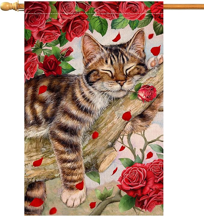 BLKWHT Valentines Cat House Flag 28 x 40 Vertical Double Sided Red Roses Spring Farmhouse Holiday Outside Decorations Burlap Yard Flag BW757-40