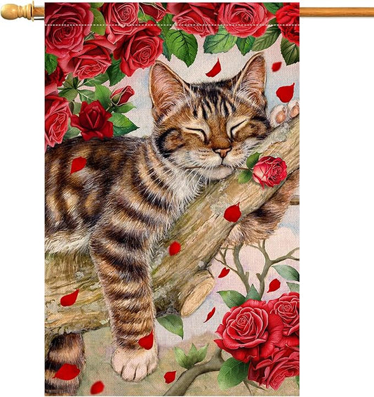 BLKWHT Valentines Cat House Flag 28 x 40 Vertical Double Sided Red Roses Spring Farmhouse Holiday Outside Decorations Burlap Yard Flag BW757-40