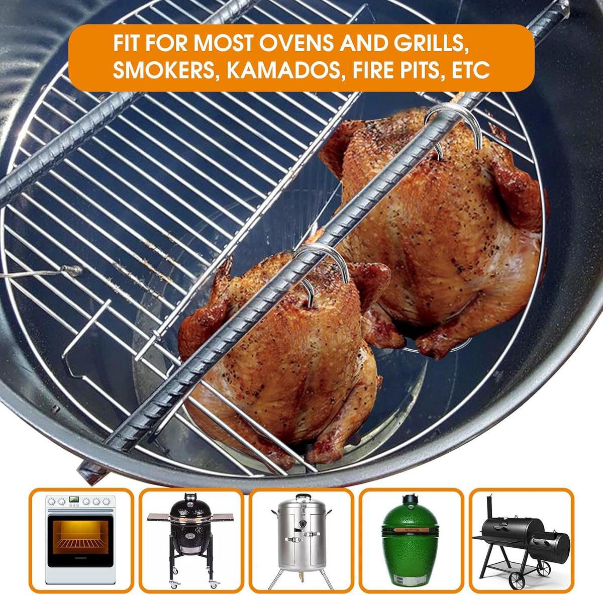 Fengzhe Stainless Removable Vertical Skewer Grill - Brazilian Barbecue Meat Spit Rack, with 1 Hook, 1 Spike, & 2 Brushes, Perfect for Grilling Steak, Whole Chickens, Whole Fish, Large Cuts of Meat.