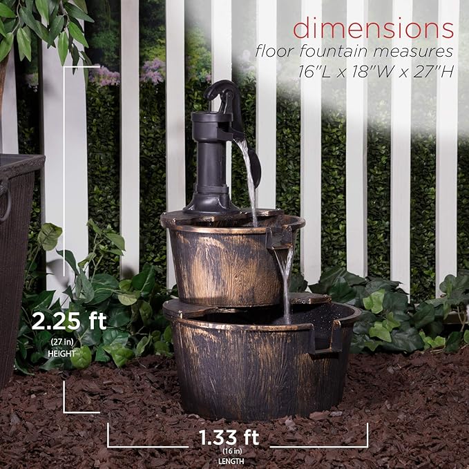 Alpine Corporation - Outdoor Rustic 2-Tiered Barrel and Pump Water Fountain – Bronze Finish, Relaxing Water Flow, Ideal for Garden, Patio, & Yard Décor, 27"H
