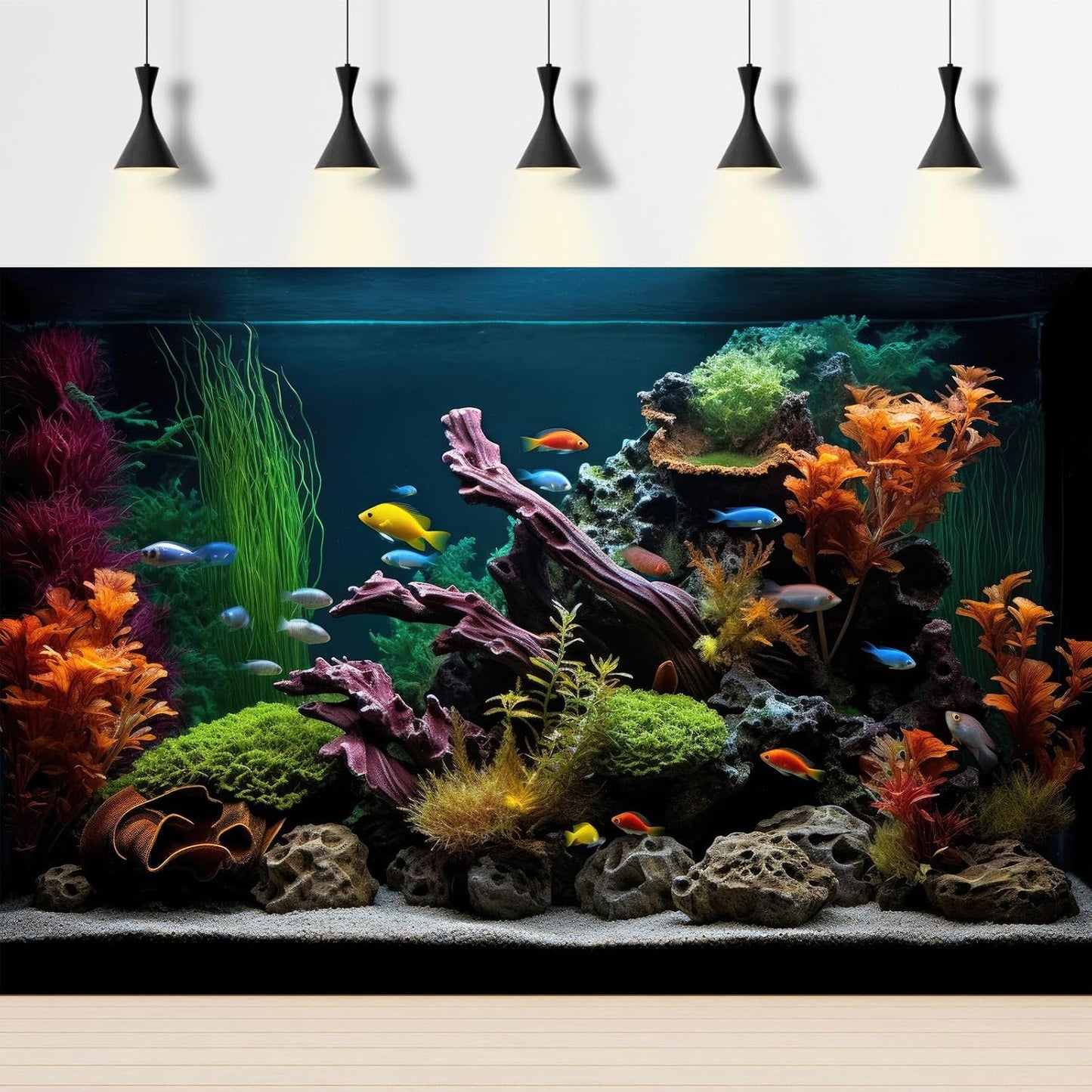 Aquarium Background Lush Aquatic Colorful Plants Terrarium Background Redwood Root Coral Reef Jungle Style Fish Tank Background Amazing Underwater View Aquarium Backdrop Wallpaper Poster Vinyl 30x18in
