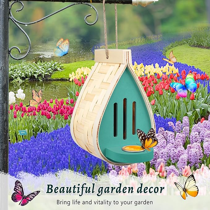 2 Pcs Butterfly House and Feeder, Wooden Hanging Butterfly House for Garden, Natural Butterfly Habitat with Butterfly Puddler for Bugs, Butterflies, Moths, Lacewings