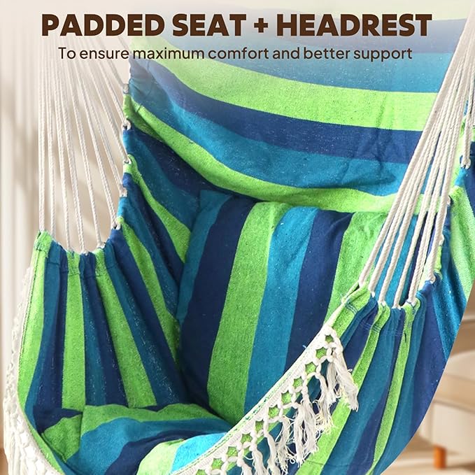 Chihee Hammock Chair Hanging Swing 2 Pillows Included,Strong Webbing Straps and Hooks for Easy Hanging Soft Cotton Hanging Chair Side Pocket Tassel Chair Comfort Indoor Outdoor Blue Green