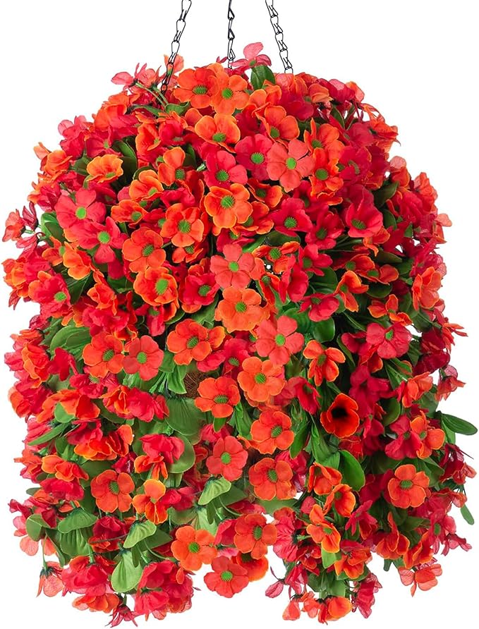 Artificial Hanging Flowers in 12 inch Basket, Fake Fall Plant Silk Orchid Flower Arrangement with Hanging Basket Daisy Planter for Patio Garden Porch Deck Summer Autumn Yard Decoration(Red Orange)
