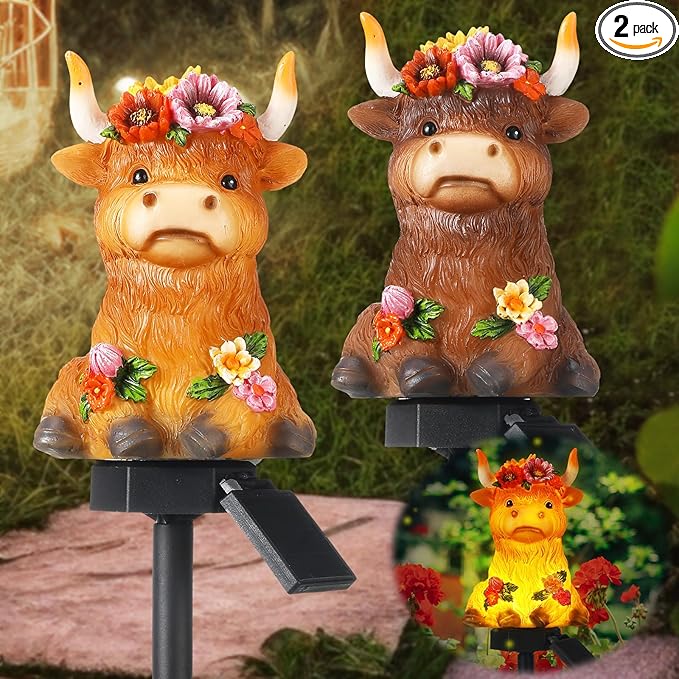 2 Pack Highland Cow Solar Lights Outdoor Garden Gnome Statues Resin Lamp Decor Waterproof Stake Lights Highland Cow Gifts for Yard Patio Lawn Decor