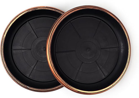 9" Decorative Heavy Duty Tray/Saucer (2 Pack) Rustic Medieval/French Country Look, Pot/Planter Base for Indoor/Outdoor Decor Use. Long Lasting, Reusable Light Weight (9 inches, Copper)