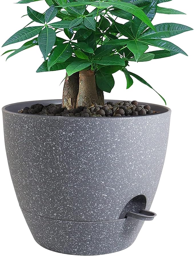 12 inch Large Self Watering Pots, Plastic Planters with 60oZ Removable Deep Reservoir and Multi Mesh Drainage Holes for Indoor Outdoor Garden Plants and Flowers, Grey Speckles