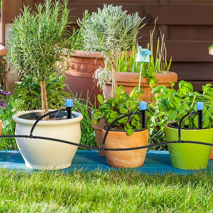 200 Pcs Drip Irrigation Kit for 1/4" Tubing Include 100 Drip Irrigation Emitter Adjustable Fan Shape Drip Irrigation Parts and 100 Barbed Tee Fittings Barbed Connectors for Garden Lawn Patio