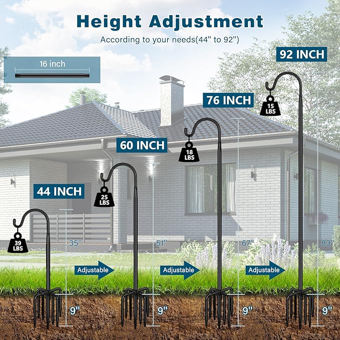 Gtongoko 92 Inch 2 Pack Bird Feeder Poles for Outdoors Heavy Duty, Shepherds Hooks for Outdoor, Hummingbird Feeder Stand, Adjustable Hanger for Plant, Lights, Lanterns Wedding Decor with 7 Prongs Base