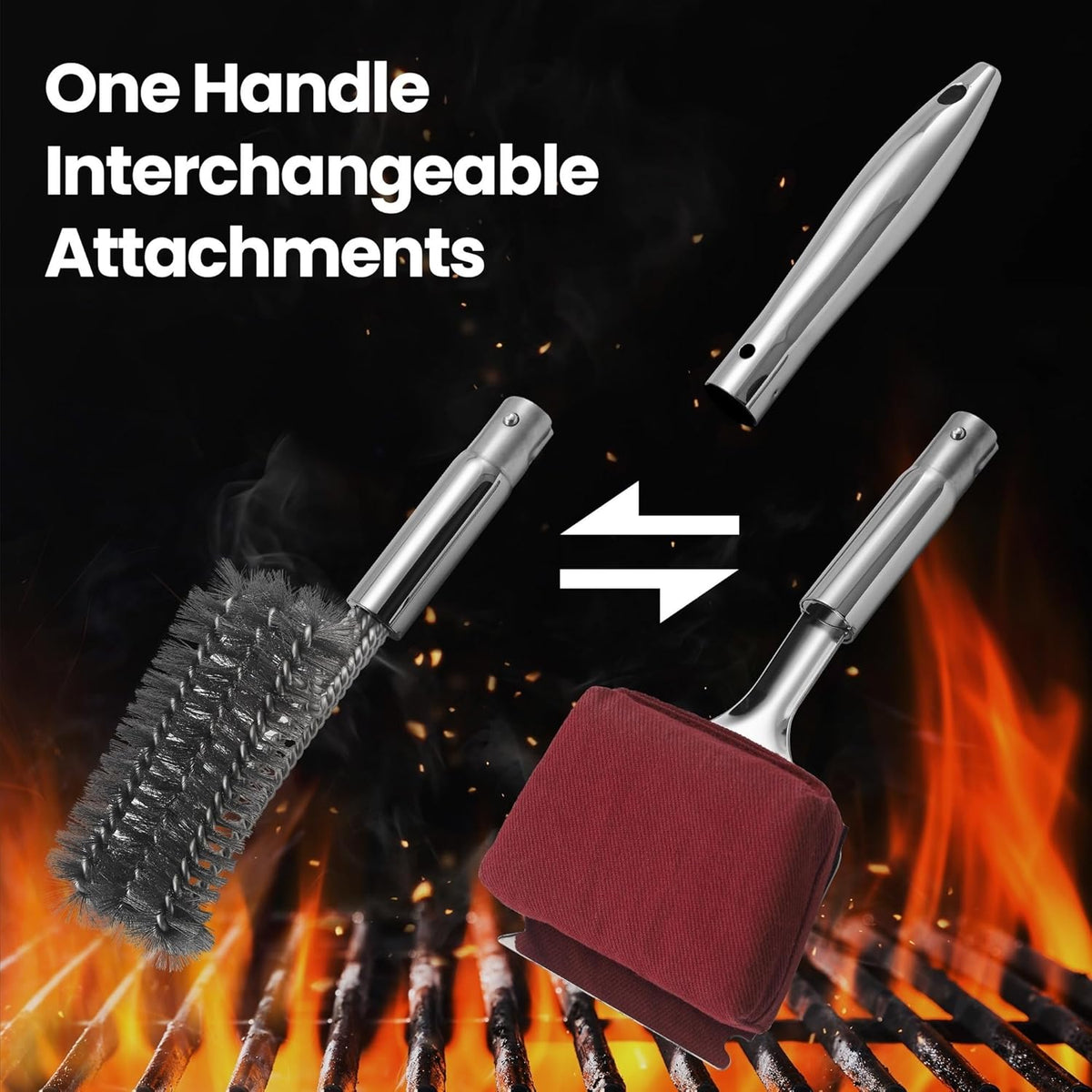 Stainless Steel Grill Brush Cleaning Kit, Grilling Accessories, Interchangeable BBQ Brush & Griddle Scraper with Fire-Resistant Cleaning Sponge, Dishwasher Safe Grill Cleaner, BBQ Accessories