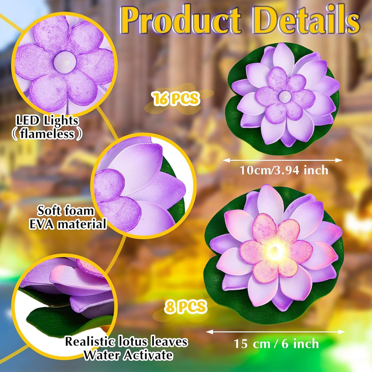Liliful 24 Pcs Diwali Lotus Decoration Pool Floating Lights, Artificial Flowers Lotus with LED,Lily Pads Water Lantern for Indian Puja Home Decoration(3.94 Inch, 5.91 Inch,Purple)