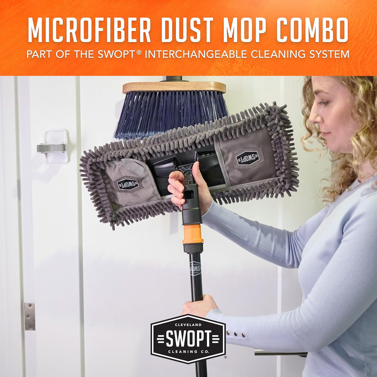 SWOPT 18” Microfiber Dust Mop + 60" Steel Handle, Combo — Includes Additional 18” Microfiber Refill, Machine Washable — Dust Mop Head with Long Handle Interchangeable with All SWOPT Cleaning Products
