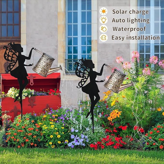 2 Pack Outdoor Decor Solar Watering Can with Cascading Lights - 24 Inch Garden Decor for Outside - Metal Outdoor Path Lights - Garden Solar Lights for Lawn Walkway Yard Decor(36 LED String Lights)