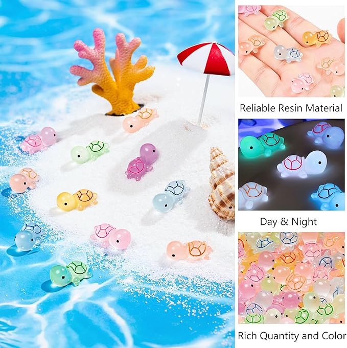 50PCS Luminous Mini Resin Turtles Sea Turtles Figurines Glow in The Dark, Cute Tiny Turtles Bulk for Cake Toppers Ocean Animal Theme Decor Garden Micro Landscape DIY Hidden Game (6 Colors)