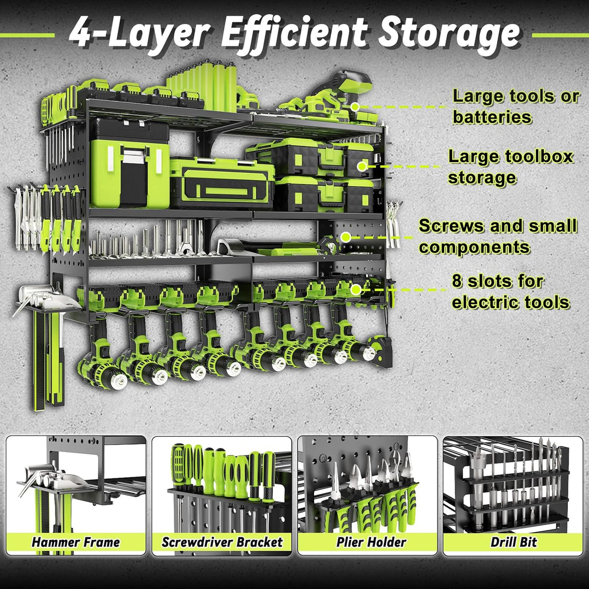 Power Tool Organizer Wall Mount,Heavy Duty Metal 4 Layer 8 Slots Drill Holder,Garage Cordless Storage Rack with Screwdriver Plier Hammer Holder for Workshop Carport Basement
