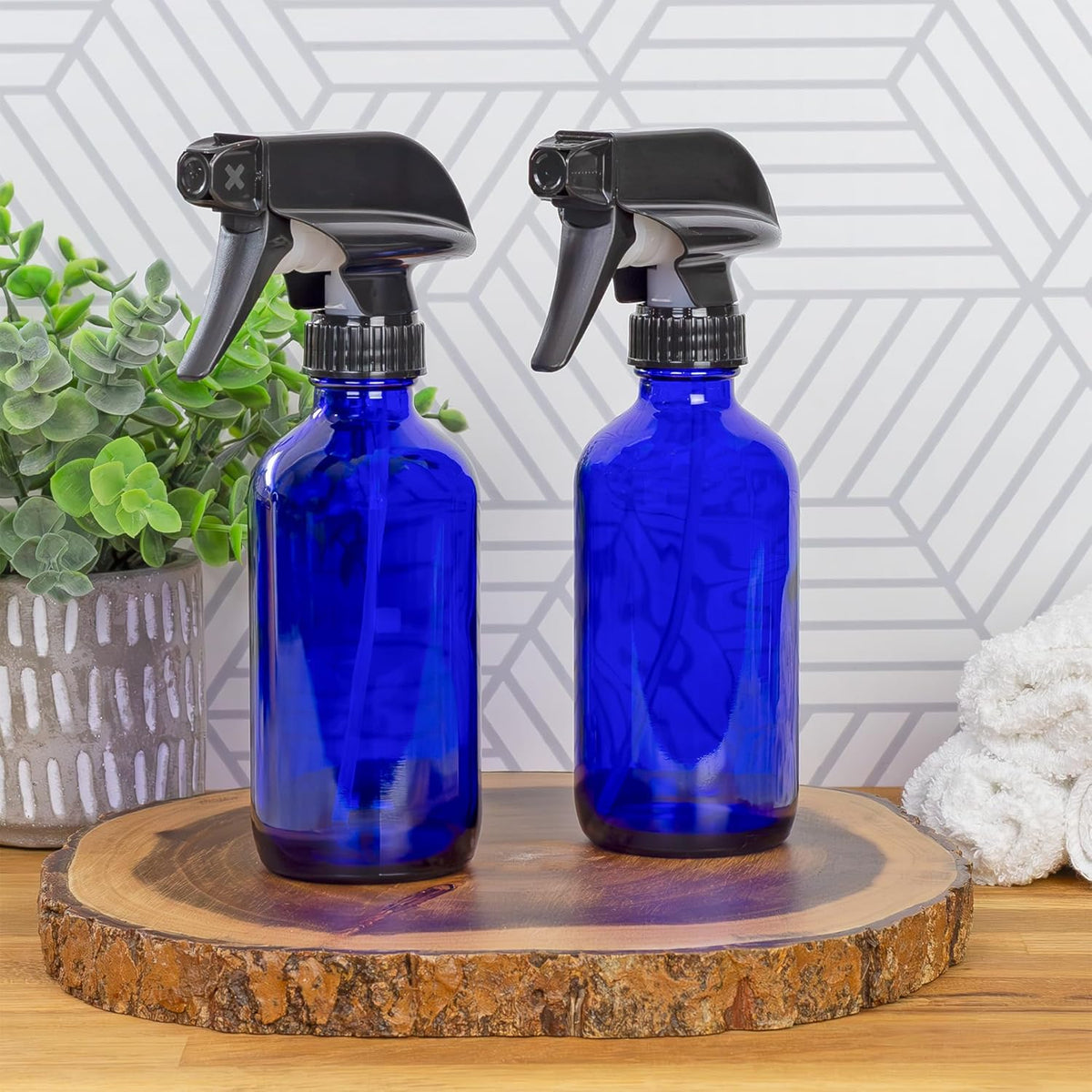Cornucopia Brands 8-Ounce Cobalt Blue Glass Boston Round Spray Bottles (2 Pack) 3-Setting Heavy Duty Sprayers, Empty Refillable Bottle