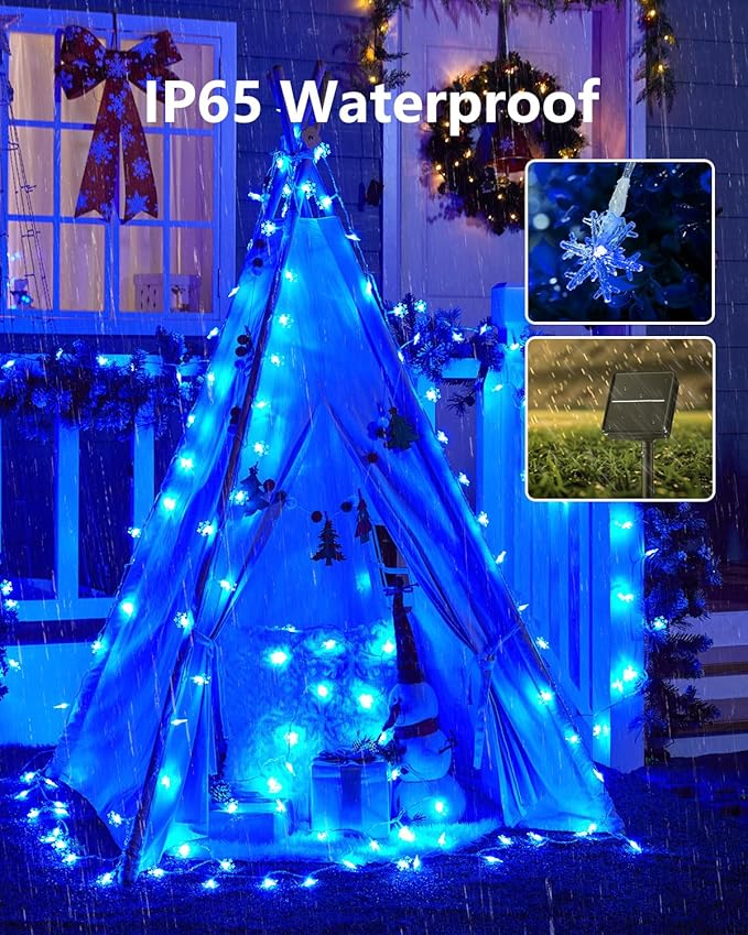 Brightown Solar Christmas Snowflake String Lights, 72FT 200 LED Outdoor Waterproof Fairy Lights with 8 Lighting Modes for Wedding, Party, Tree, Room, Garden, Patio, Yard, Home, Blue
