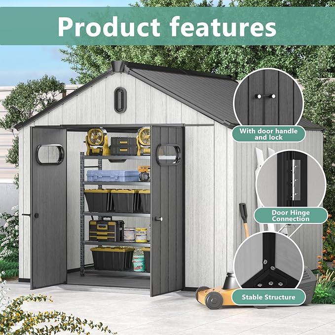 Aoxun 10X8FT Outdoor Shed with Floor, Resin Storage Shed with Lockable Door, Garden Utility Tool Shed Storage House for Backyard, Patio, Lawn