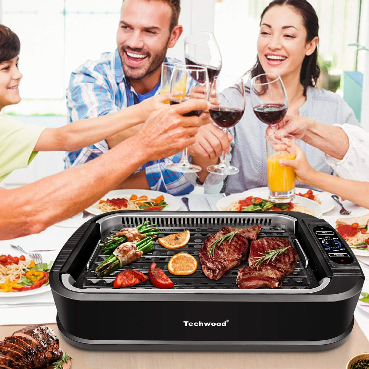 Techwood 1500W Smokeless Indoor Electric Grill with Non-Stick Plates and Tempered Glass Lid - Korean Grill with Temperature Control