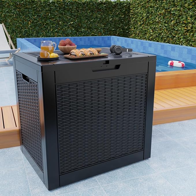 36 Gallon Outdoor Deck Box,Storage Lockable Waterproof Patio Furniture,Garden Tools,Cushions,Pool Accessories Outside Storage Resin Box(Black Pattern)