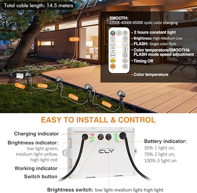 CLY Solar Landscape Spotlights, Solar Landscape Lights Outdoor IP66 Waterproof, Remote Control 2Modes 3Brightness Adjustable 2700-6500K Auto On/Off 14M Cable for Garden Pathway Trees Flag 4 in 1