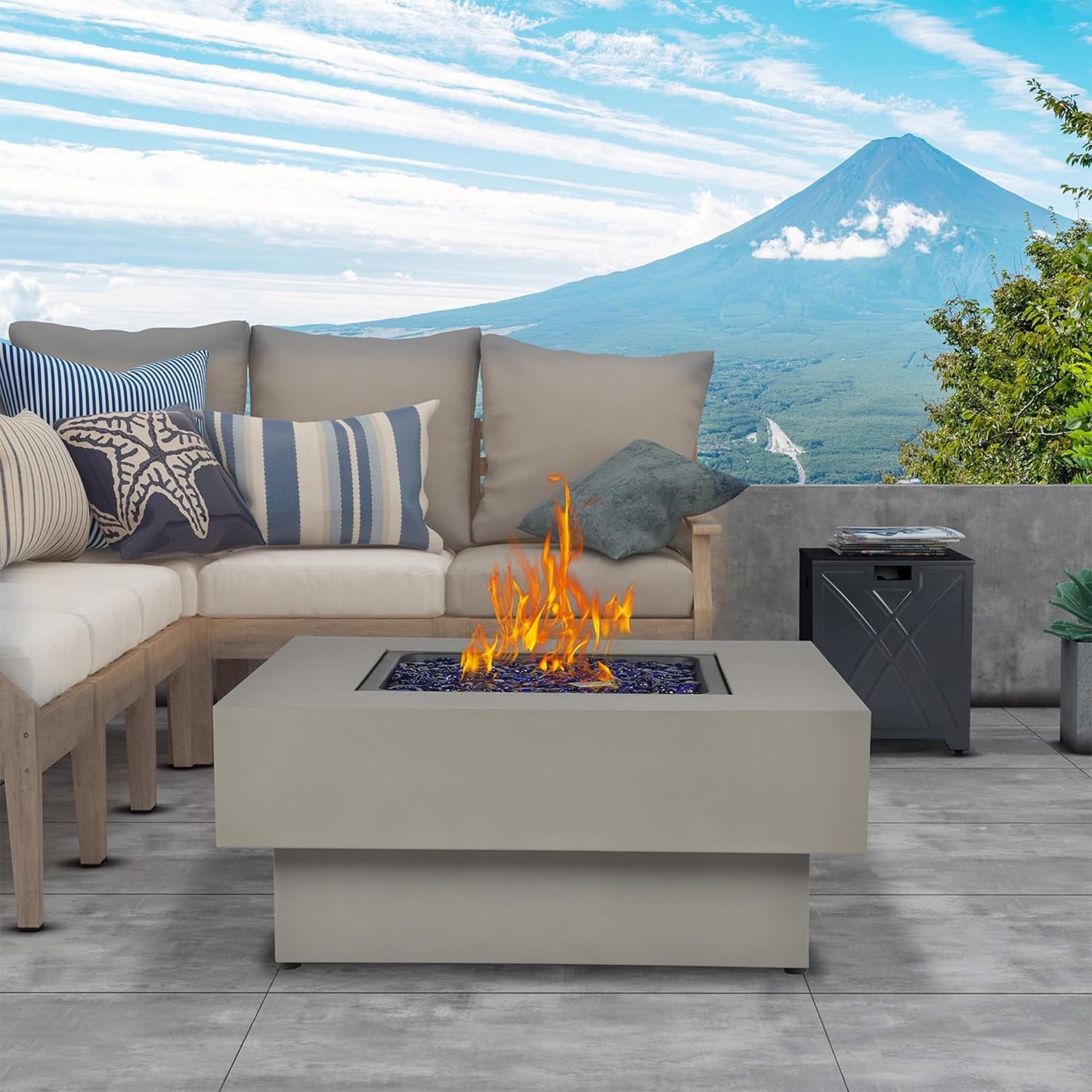 32.5-inch Outdoor Gas Fire Pit with 20lb Propane Tank Cover Table, 50,000BTU Propane Gas Fire Pits for Outside Patio w/Square Burner Lid, Glass Rocks, Pre-Attached 10ft External Gas Hose