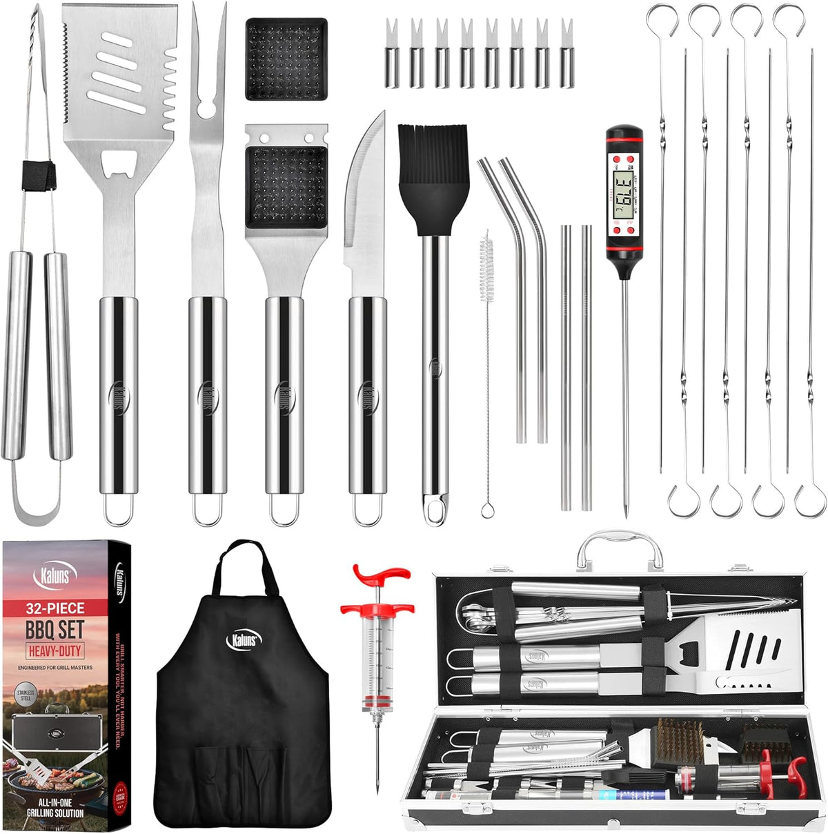 Kaluns Grilling Accessories, Dad Gifts for Christmas Grilling Gifts, Heavy Duty Stainless Steel Grill Set BBQ Grill Accessories for Outdoor Grill with Aluminum Case and Apron, Best Gifts for Men Dad