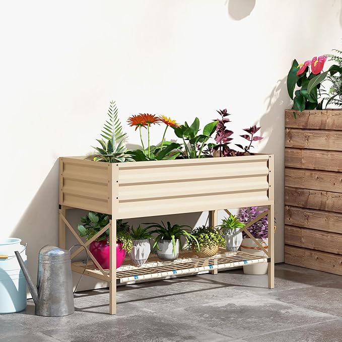 Outsunny Raised Garden Bed with Galvanized Steel Frame, Storage Shelf and Bed Liner, Elevated Planter Box with Legs for Vegetables, Flowers, Herbs, Cream