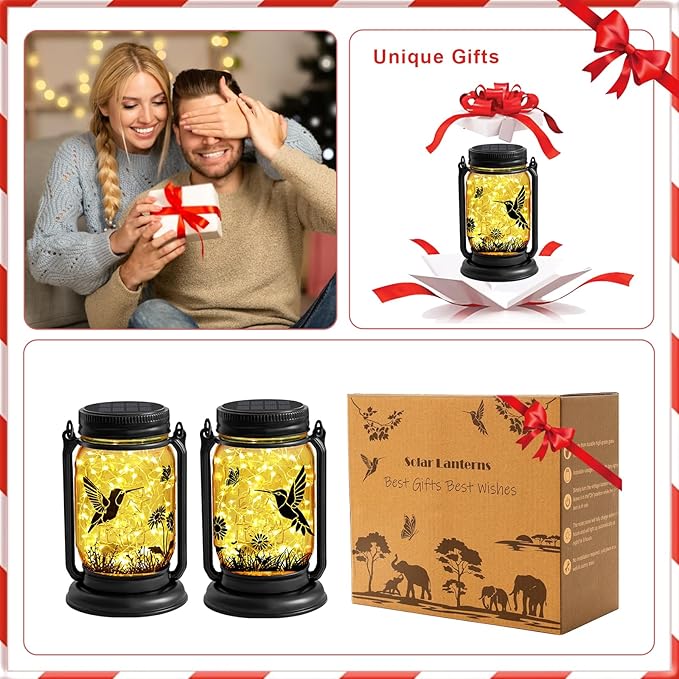 2 Pack Hummingbird Solar Outdoor Lanterns, Birthday Mothers Day Gifts for Women Mom Grandma, Vintage Glass Mason Jar Solar Fairy Lights, Waterproof Garden Lights for Patio Yard Lawn Tree Party Decor