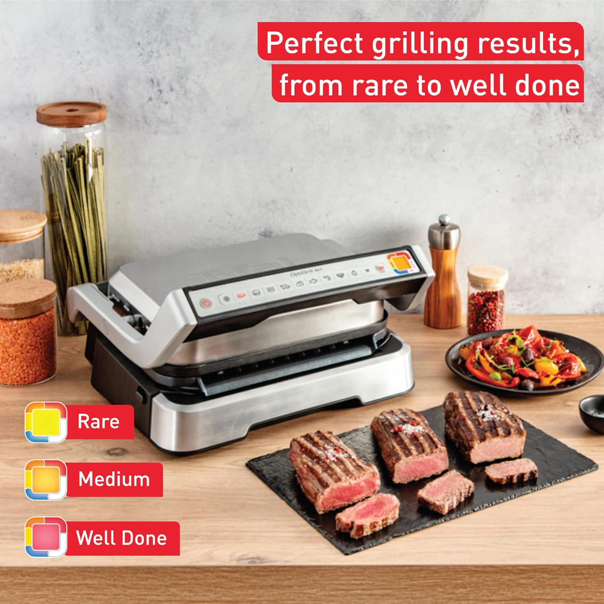 T-fal, Electric Grill, OptiGrill 4in1, Stainless Steel, 9 Automatic Cooking Modes, Intelligent Grilling Rare to Well-Done, 1800 Watts, Nonstick Removable Plates, Dishwasher Safe, Indoor, Silver