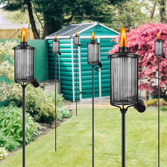 4 Pack Glass Citronella Torches, 16 oz Garden Torches for Outside with 3-Prong Grounded Stake, 55 inch Outdoor Black Glass Flame Light Torch for Yard, Patio, Deck, Garden, Party, Landscape