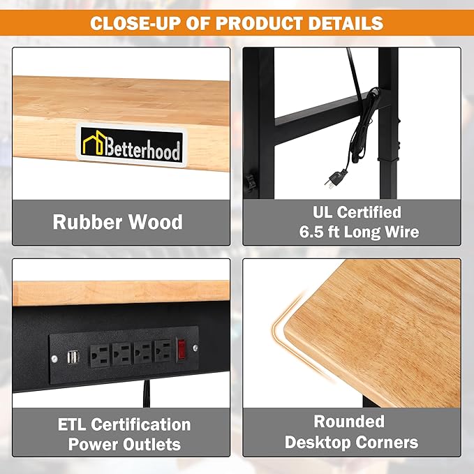 48" Adjustable Workbench for Garage, Rubber Wood Heavy Duty Workstation with Power Outlets & Wheels, 2000 LBS Load Capacity Hardwood Worktable for Workshop, Garage, Office, Home, Commercial