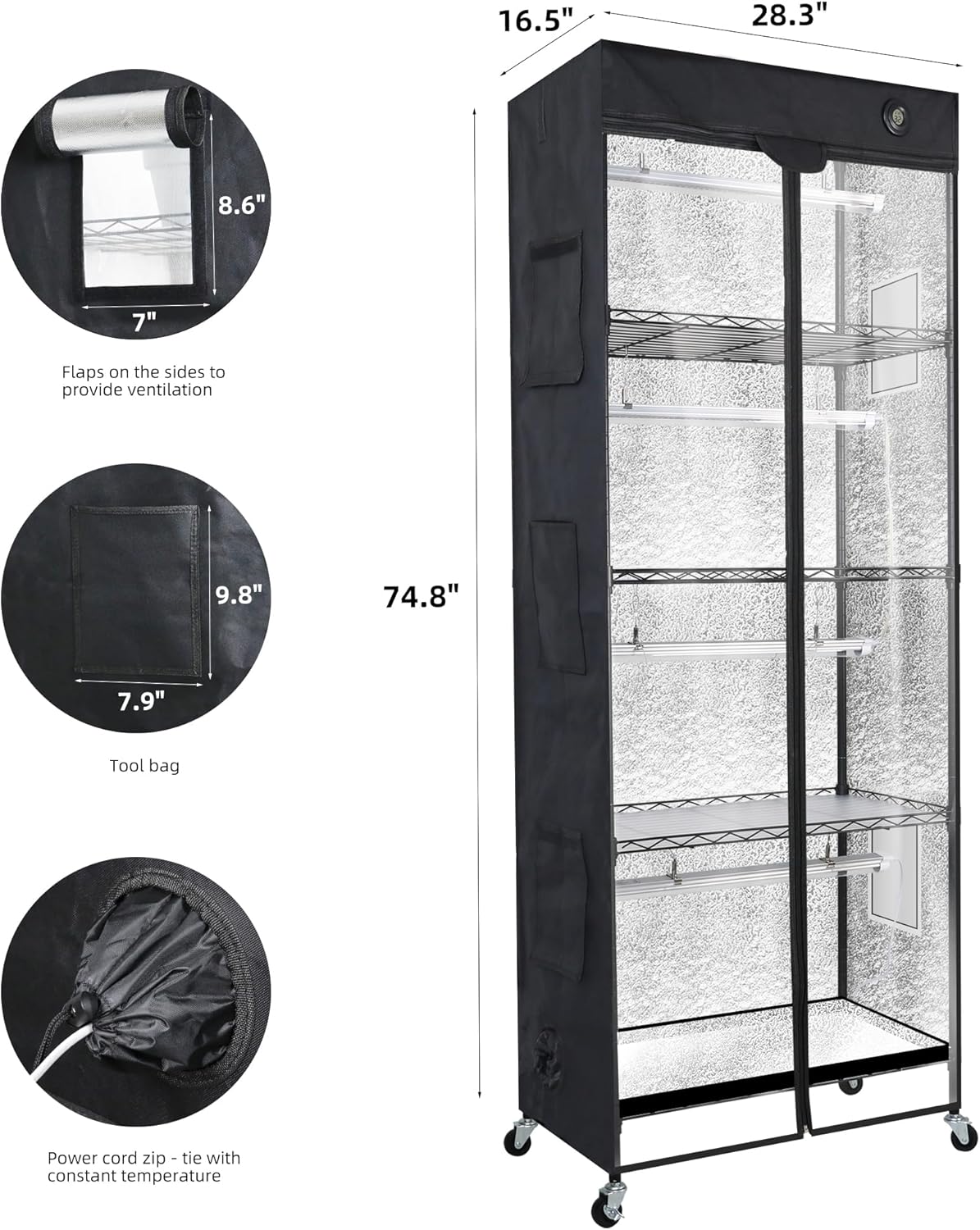 WORTH Mini Greenhouse with LED Grow Lights & Digital Thermo-Hygrometer – Portable Indoor Plant Grow Tent with Oxford Fabric Cover, Adjustable Shelves, Casters & Ventilation Flaps for Seed Starting