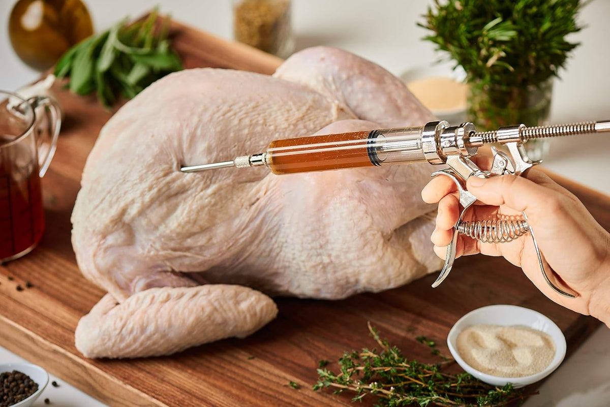J&B Goods Professional Automatic BBQ Meat Marinade Injector Gun Kit with Case, 2 oz Large Capacity Barrel and 4 Commercial Grade Marinade Needles.