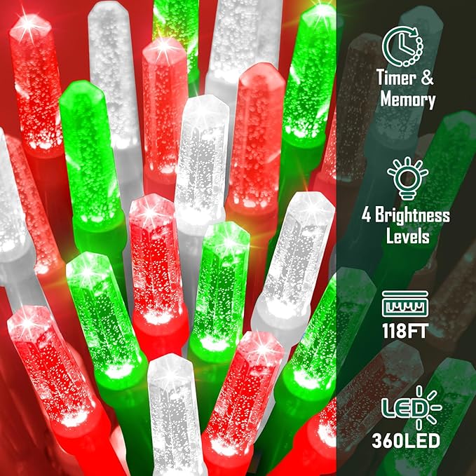 Heceltt 360 LED 118 FT Christmas Lights Outdoor, 8 Modes Christmas Lights Plug in, IP44 Waterproof Led Christmas Lights with Timer and Memory for Xmas Yard Garden Decorations (Red Green and White)