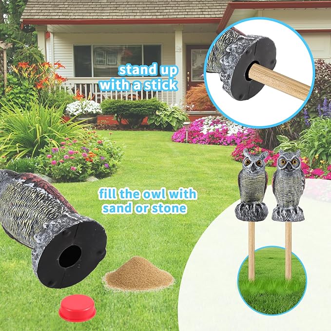 Hedoc 2 Pack Fake Owl Decoys to Scare Birds Away from Gardens and Rooftop, Long-Eared Owl Bird Deterrents, Nature Scarecrow Plastic Owls Pest Repellent, Owl Statue for Garden Decor, Yard Decoration