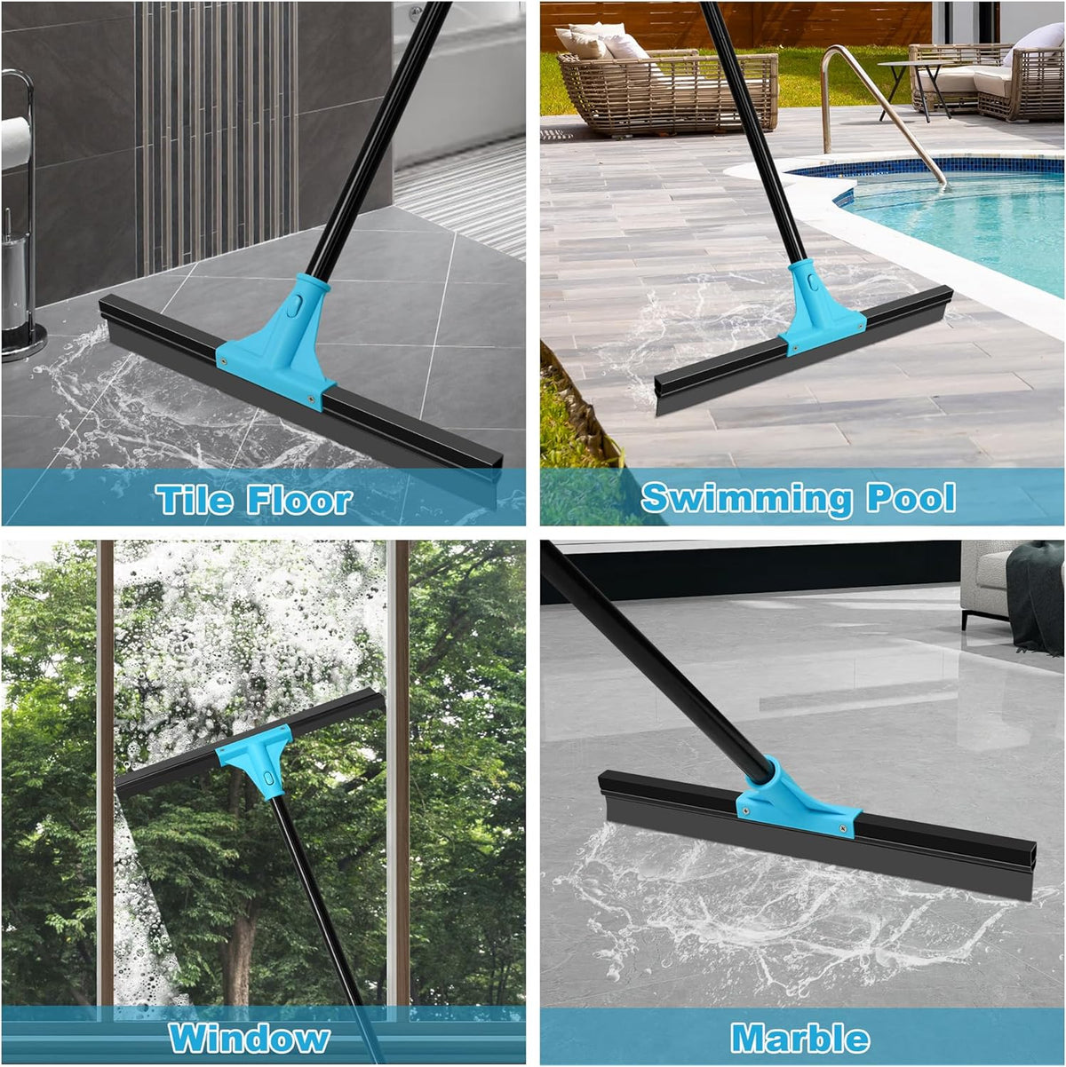 NEWE Floor Squeegee Broom with 18’’ Heavy Duty Rubber Scraper and 58.3’’ Telescopic Long Handle for Garage Concrete Bathroom Tile Shower Glass Marble Deck Window