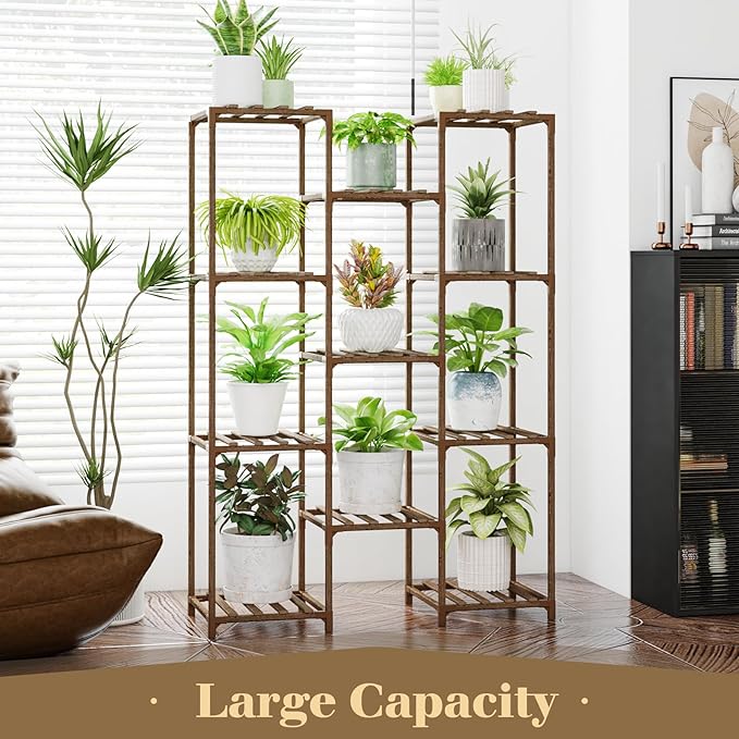 Bamworld Plant Stand Indoor Outdoor Tall Plants Shelf for Multiple Plants Pots Wood Flower Stand Large 11 Pots Plant Holder for Living Room, Patio, Balcony, Garden