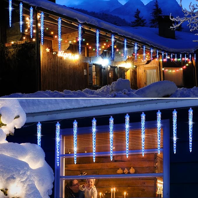 Christmas Icicle Lights Outdoor, 10Ft. Meteor Shower Lights with 10 Large Icecycles, Snowfall Shooting Star Light Effect, Falling Crystal Christmas Decorations for House Eave Roofline Patio, Blue