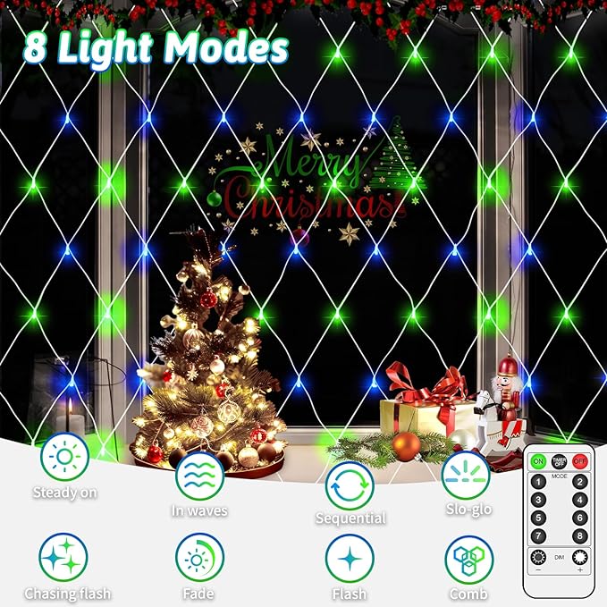 200 LED Christmas Net Lights Outdoor Decorations 3M*2M Mesh Lights Fairy String Lights Plug in with Timer 8 Modes Waterproof for Outside Bush Window Wall Patio Fence Party Decor-Blue and Green