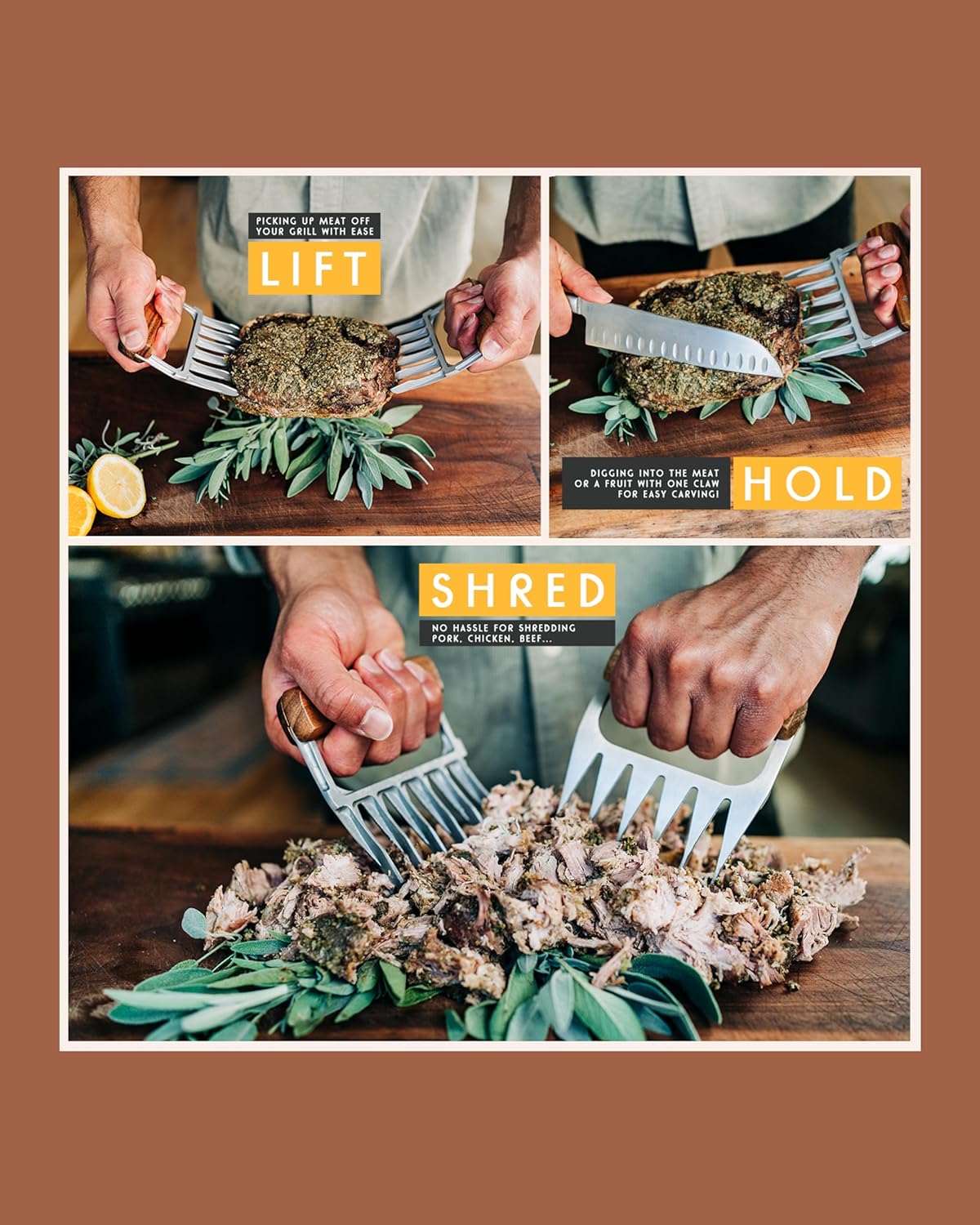 Premium 18/8 Stainless Steel Meat Shredder Claws with Wooden Handles: Effortlessly Shred, Pull, and Serve Pork, Turkey, Chicken, and Brisket!