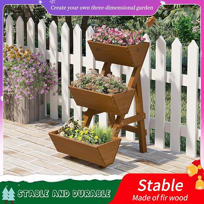 3-Tiers Wooden Raised Garden Bed,Wood Planter Box for Vegetable,Flower Rack,Flower Pot Stands,Indoor Outdoor Gardening Planting Beds (Brown, Small)
