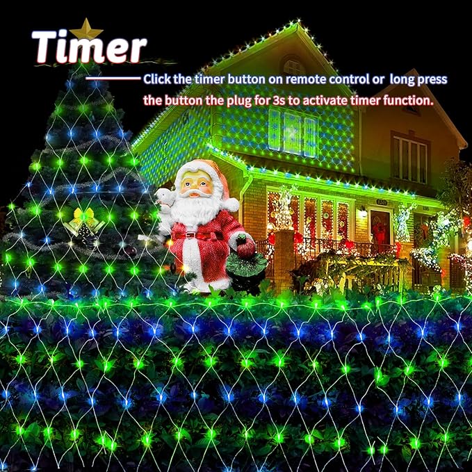 200 LED Christmas Net Lights Outdoor Decorations 3M*2M Mesh Lights Fairy String Lights Plug in with Timer 8 Modes Waterproof for Outside Bush Window Wall Patio Fence Party Decor-Blue and Green
